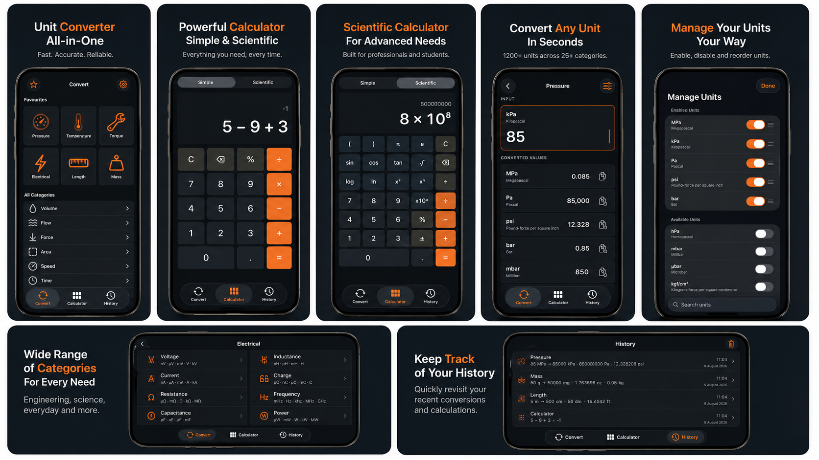 CalibraUnits app screens showing unit conversion, calculator, scientific calculator, manage units, electrical categories, and history.